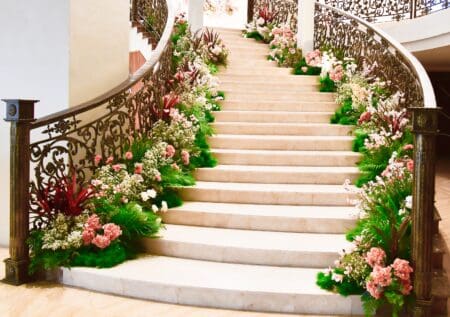 flower arch, stairway, wedding ceremony, decorated with flowers, corridor